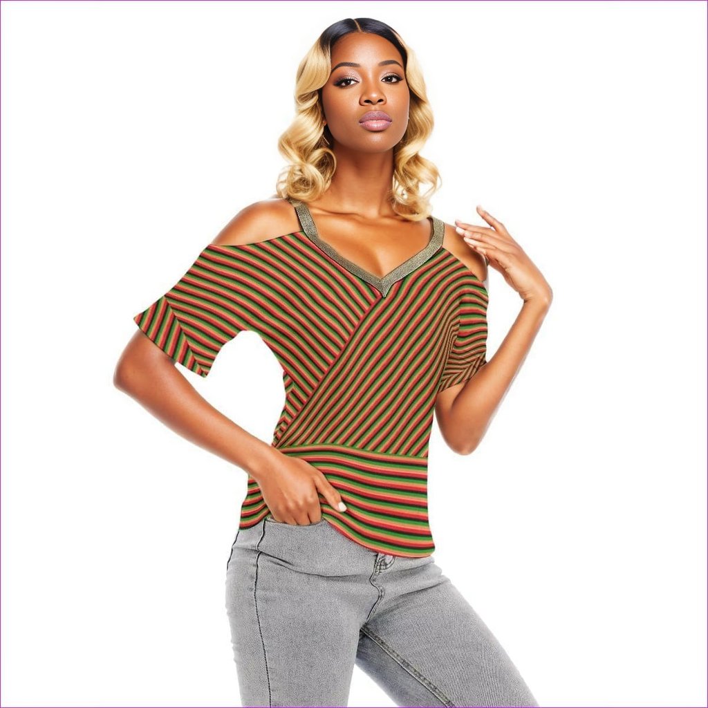 Striped Galore Women's Golden Elastic Band Neck Cold Shoulder T-Shirt - women's top at TFC&H Co.