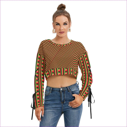 Striped Galore Women's Long Sleeve Cropped Sweatshirt With Lace up Sleeve - women's sweatshirt at TFC&H Co.
