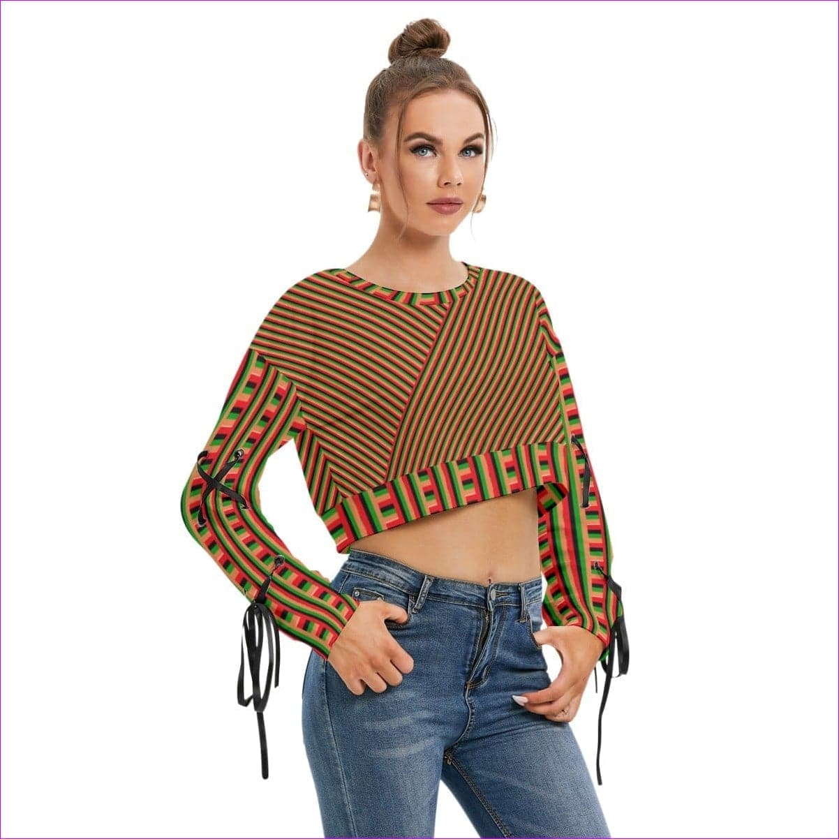 multi-colored - Striped Galore Women's Long Sleeve Cropped Sweatshirt With Lace up Sleeve - womens sweatshirt at TFC&H Co.