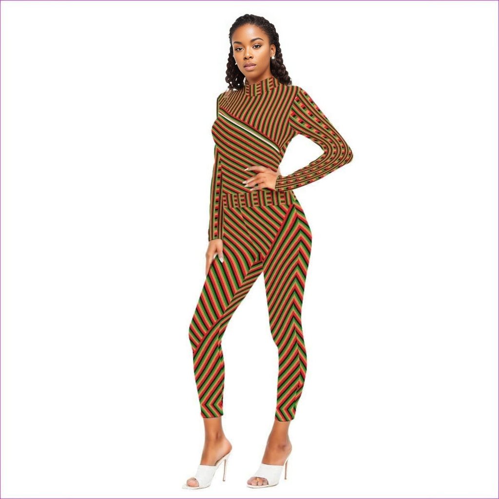 multi-colored - Striped Galore Women's Long-sleeved High-neck Jumpsuit With Zipper - womens jumpsuit at TFC&H Co.
