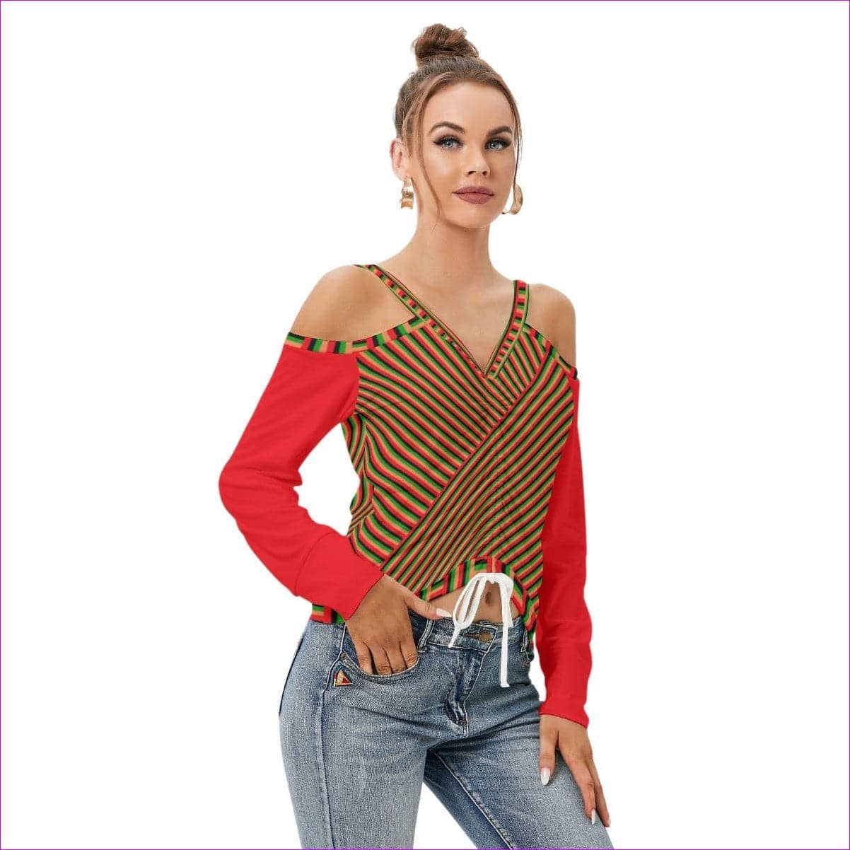 - Striped Galore Women’s V-neck Cold Shoulder Blouse With Long Sleeve - womens top at TFC&H Co.