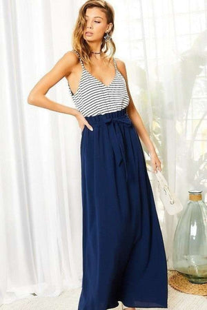 NAVY - Striped Print Cami Sol Top Hi-waist Skirt Side Pocket Maxi Dress - Ships from The US - womens dress at TFC&H Co.