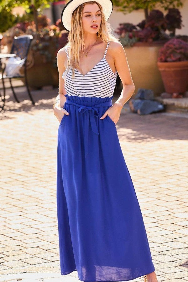 ROYAL BLUE - Striped Print Cami Sol Top Hi-waist Skirt Side Pocket Maxi Dress - Ships from The US - womens dress at TFC&H Co.