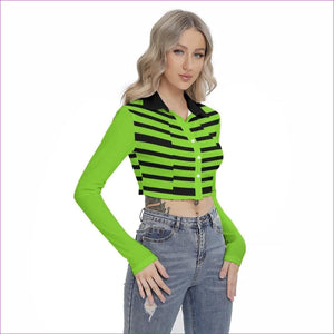 green Striped Women's Cropped Blouse With Pleated Placket - women's blouse at TFC&H Co.