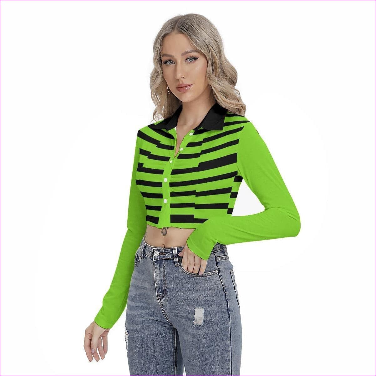 Striped Women's Cropped Blouse With Pleated Placket - women's blouse at TFC&H Co.
