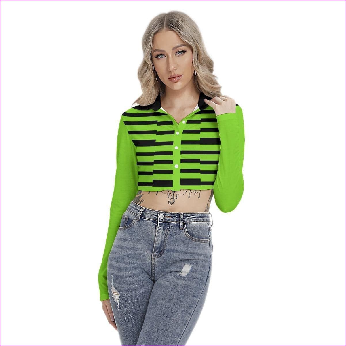 Striped Women's Cropped Blouse With Pleated Placket - women's blouse at TFC&H Co.