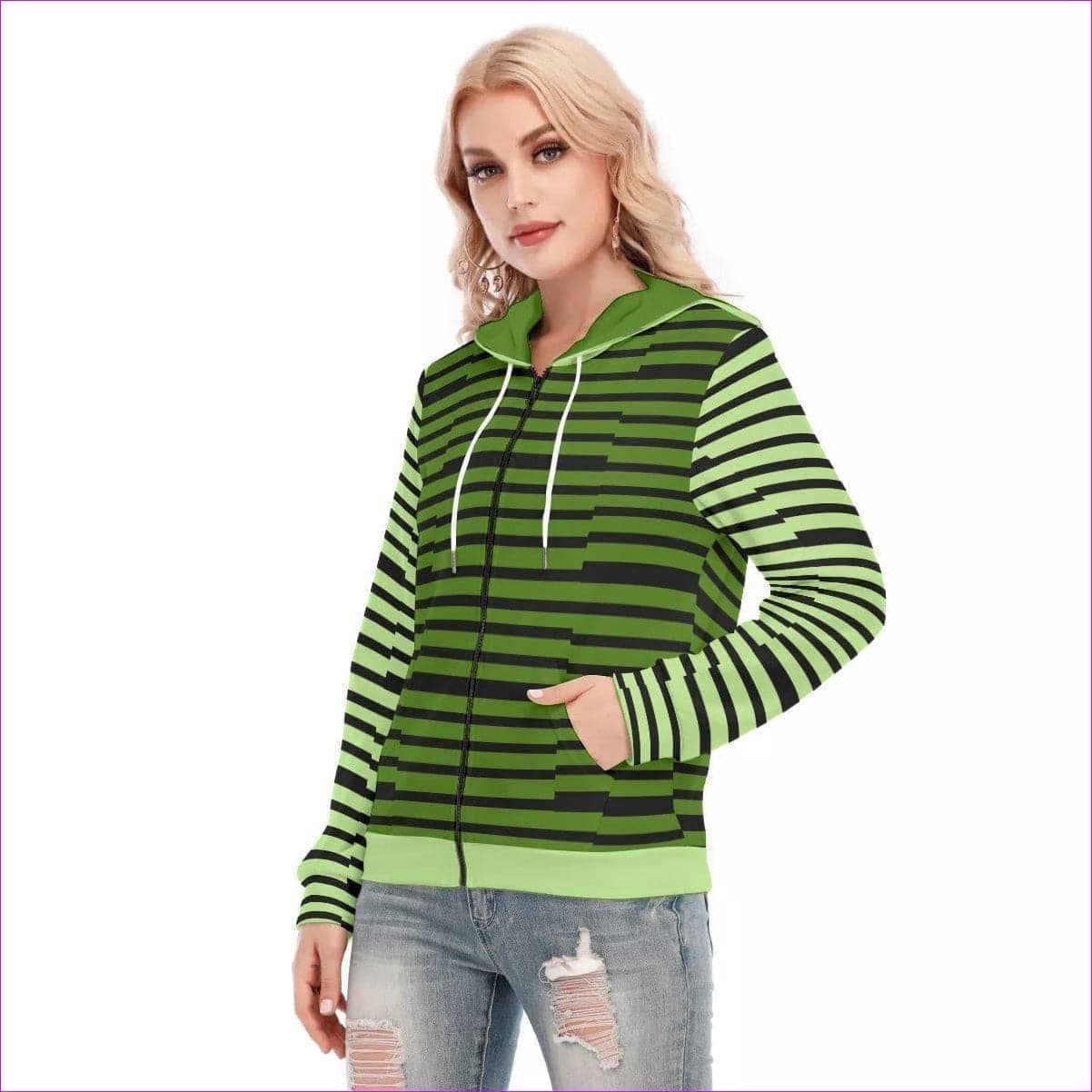 green Striped Women's Long Sleeve Hoodie With Zipper - Women's Hoodie at TFC&H Co.