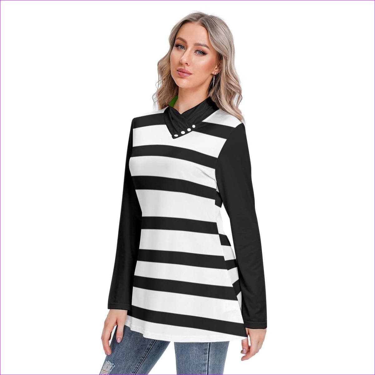 White Striped Women's Long-sleeved Heap-neck Slim Casual Tunic Blouse - women's blouse at TFC&H Co.