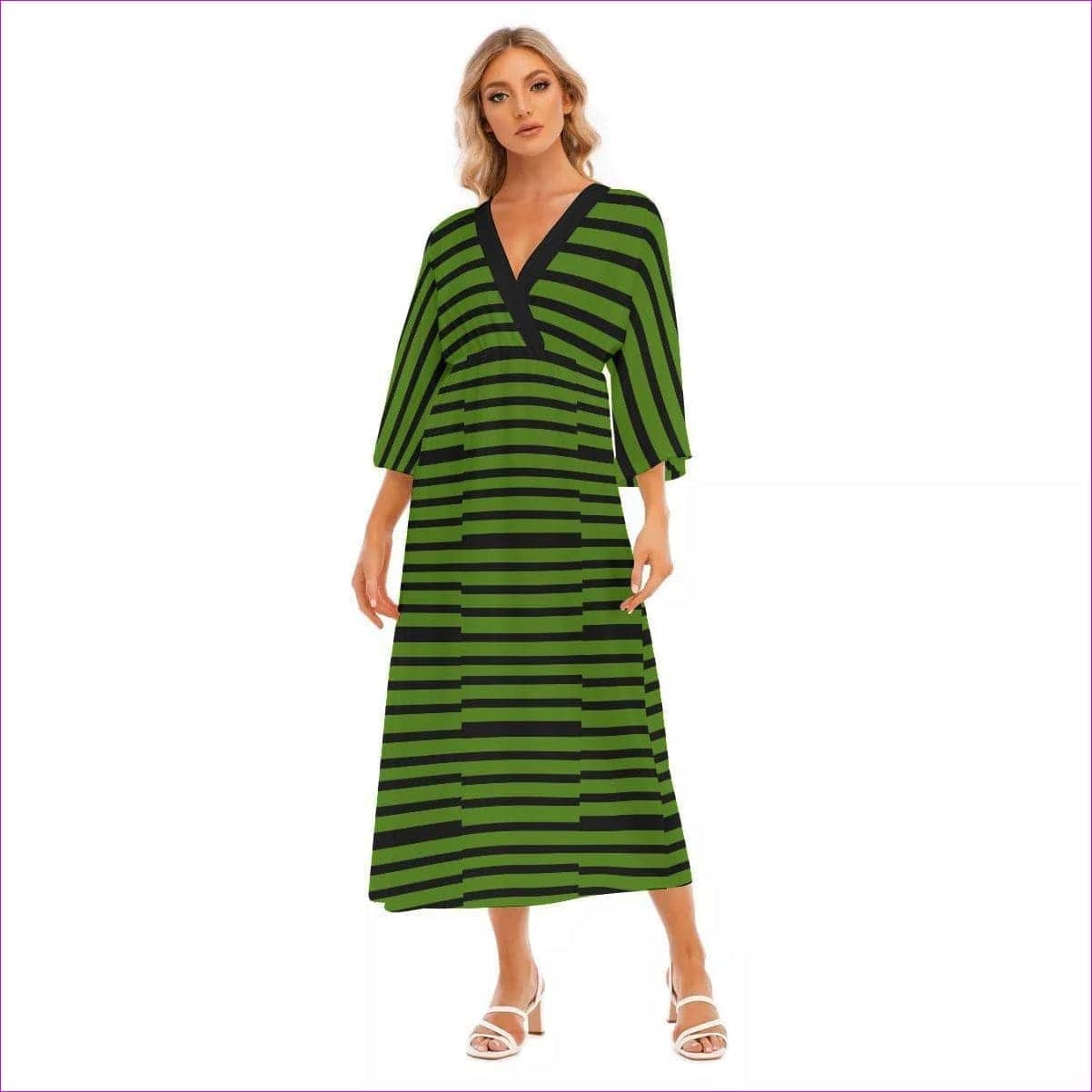 green Striped Women's Mid-Sleeve Long Dress - women's dress at TFC&H Co.
