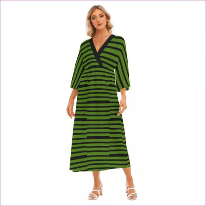 green Striped Women's Mid-Sleeve Long Dress - women's dress at TFC&H Co.