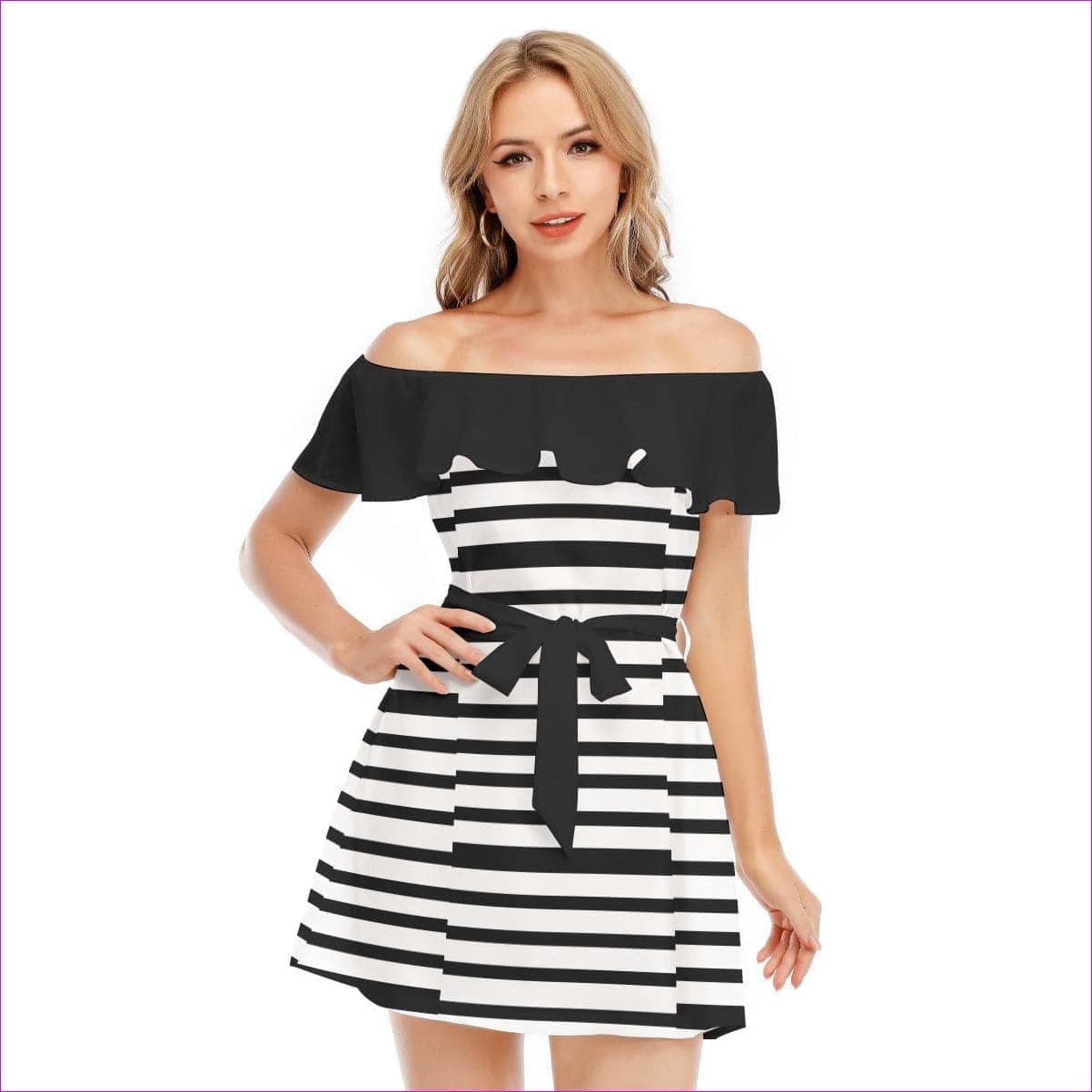 white/black Striped Women's Off-shoulder Dress With Ruffle - women's dress at TFC&H Co.
