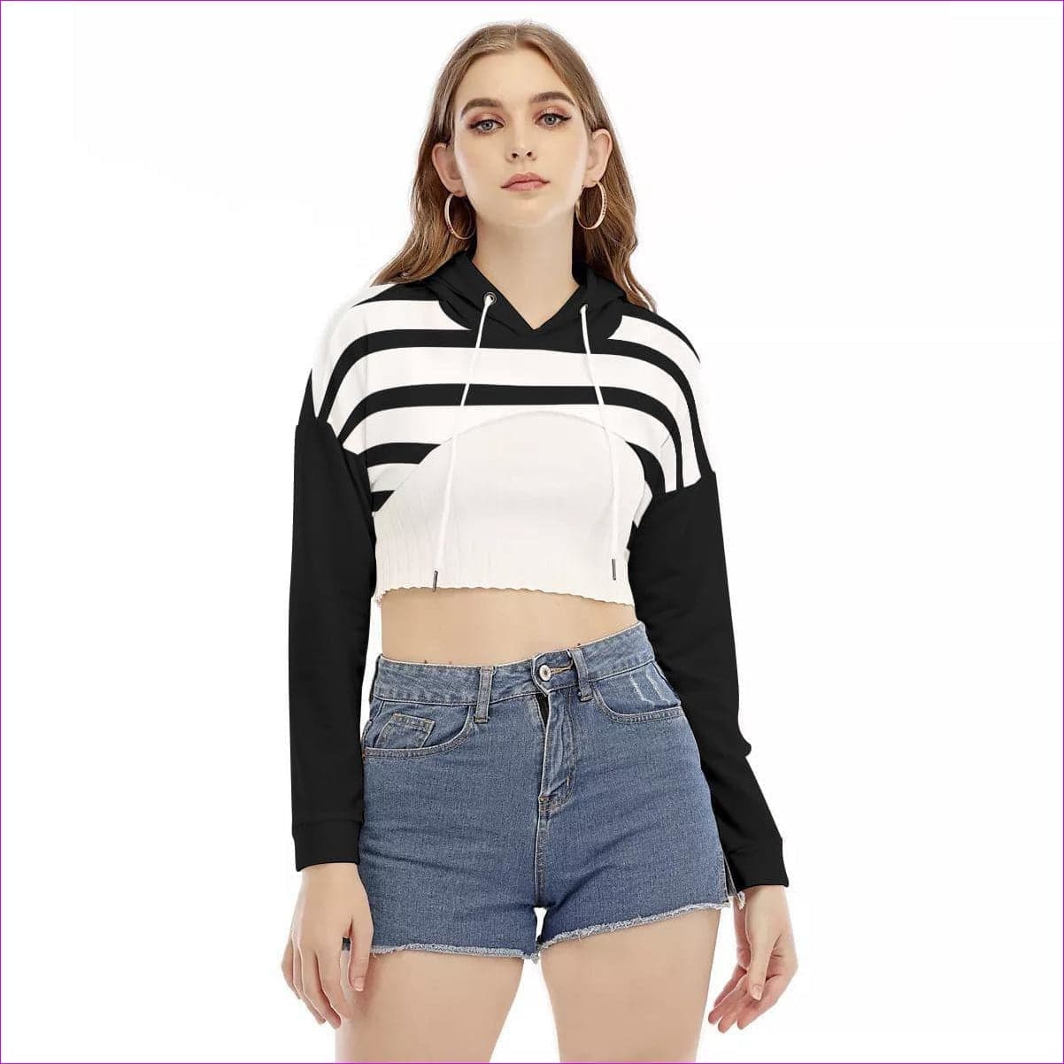 White - Striped Women's Smock Short Hoodie With Long Sleeve - Womens Hoodie at TFC&H Co.