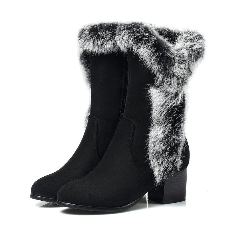 Black - Suede Rabbit Fur Mid Snow Boots - womens boots at TFC&H Co.