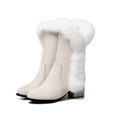 Beige Suede Rabbit Fur Mid Snow Boots - women's boots at TFC&H Co.