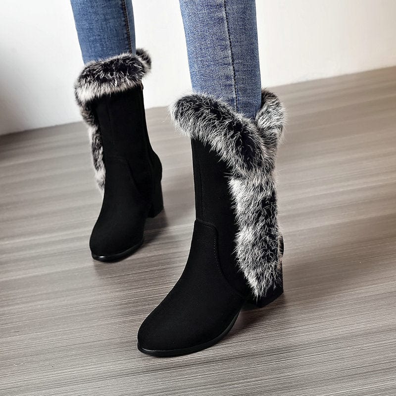 - Suede Rabbit Fur Mid Snow Boots - womens boots at TFC&H Co.