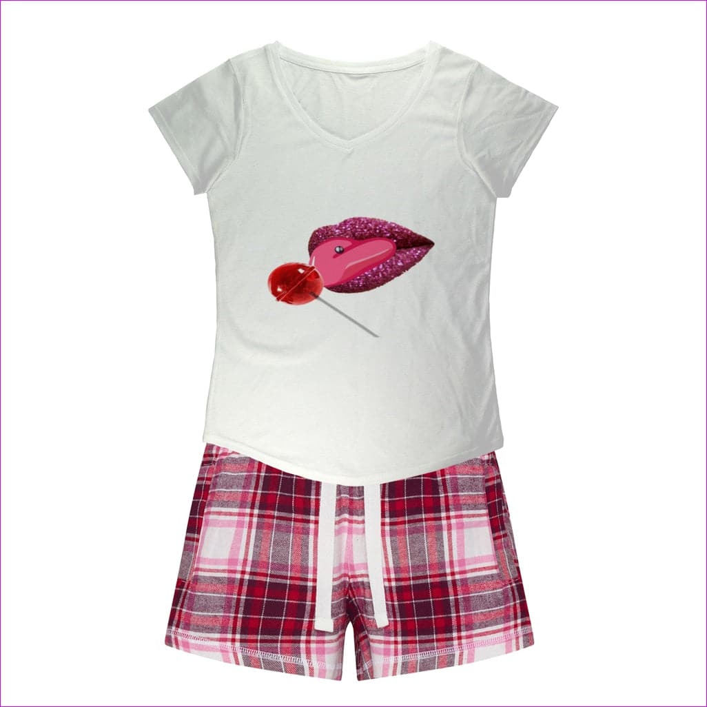 White Tee / Red Pink Short Sweet Clothing Sweet Clothing Sleepy Tee and Flannel Short - women's top & short set at TFC&H Co.