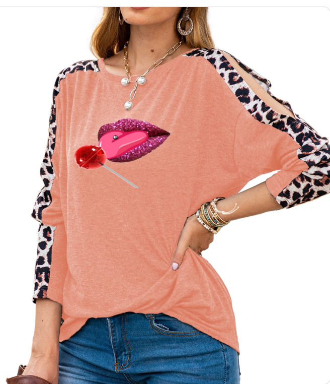 pink - Sweet Clothing Women's Shoulder Slit Leopard Print Top - 7 colors - womens shirt at TFC&H Co.