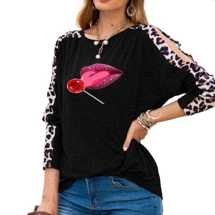 Black - Sweet Clothing Women's Shoulder Slit Leopard Print Top - 7 colors - womens shirt at TFC&H Co.