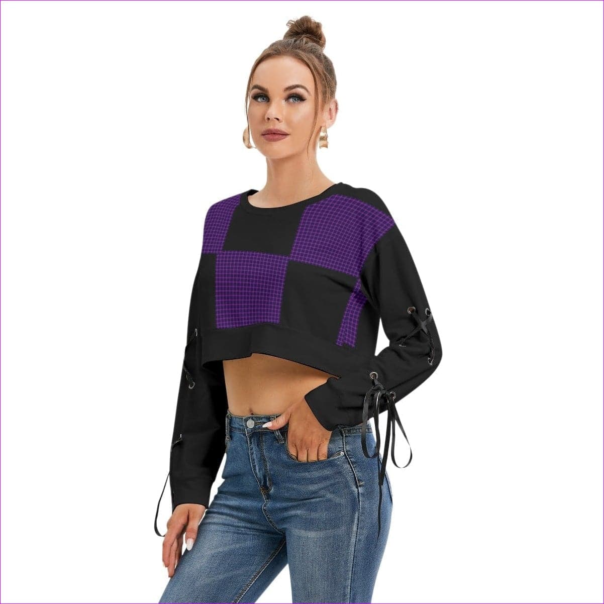 - Tartan 2 Women's Cropped Sweatshirt With Strap up Sleeves - womens sweatshirt at TFC&H Co.