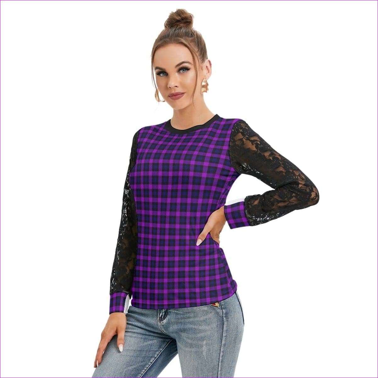 - Tartan 2 Women's T-shirt With Black Lace Sleeves - womens top at TFC&H Co.