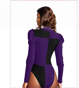 - Tartan 2 Women's Turtleneck Bodysuit With Puff Sleeve - womens bodysuit at TFC&H Co.