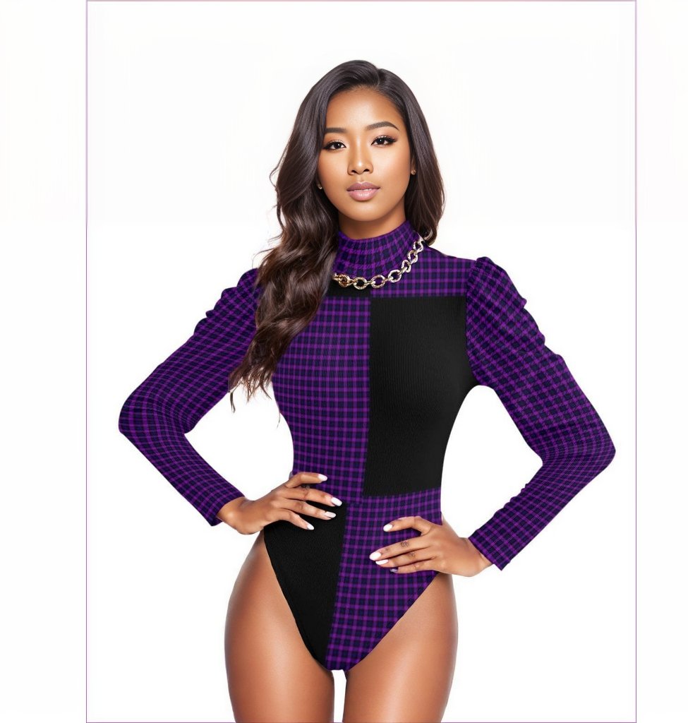 purple - Tartan 2 Women's Turtleneck Bodysuit With Puff Sleeve - womens bodysuit at TFC&H Co.