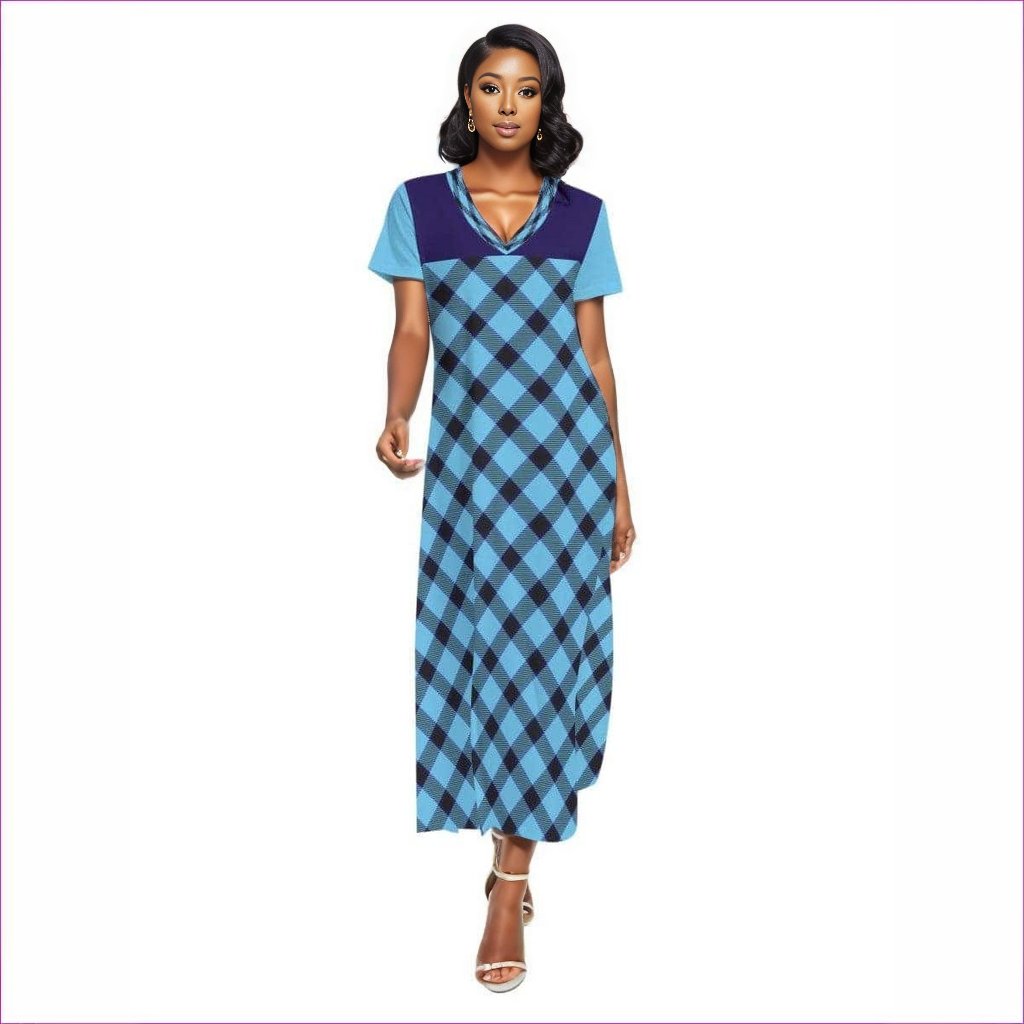 Blue - Tartan Women's V-neck Dress With Short Sleeve - womens dress at TFC&H Co.