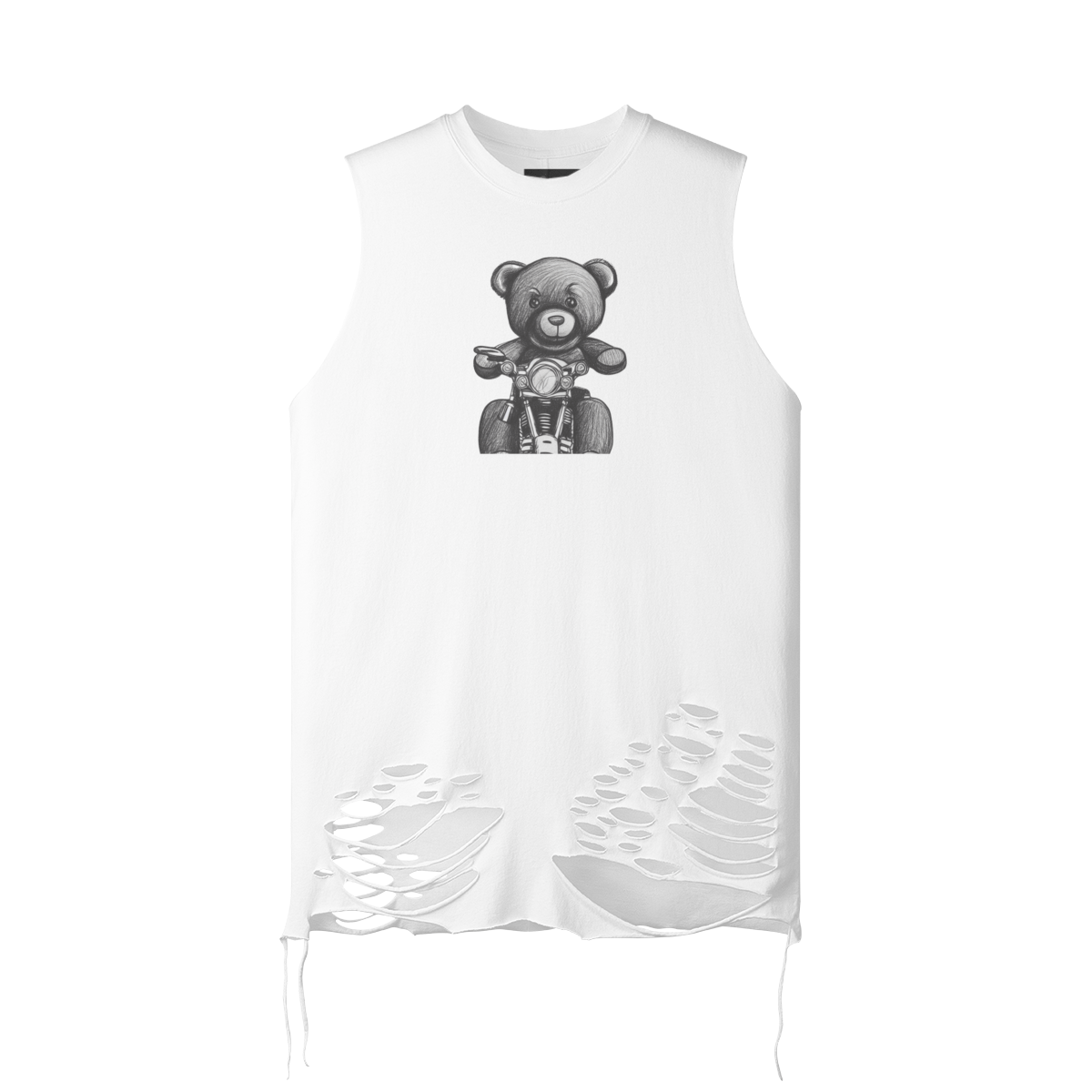 White - Teddy Ride 180GSM Unisex Ripped Longline Tank Top - unisex tank top at TFC&H Co.