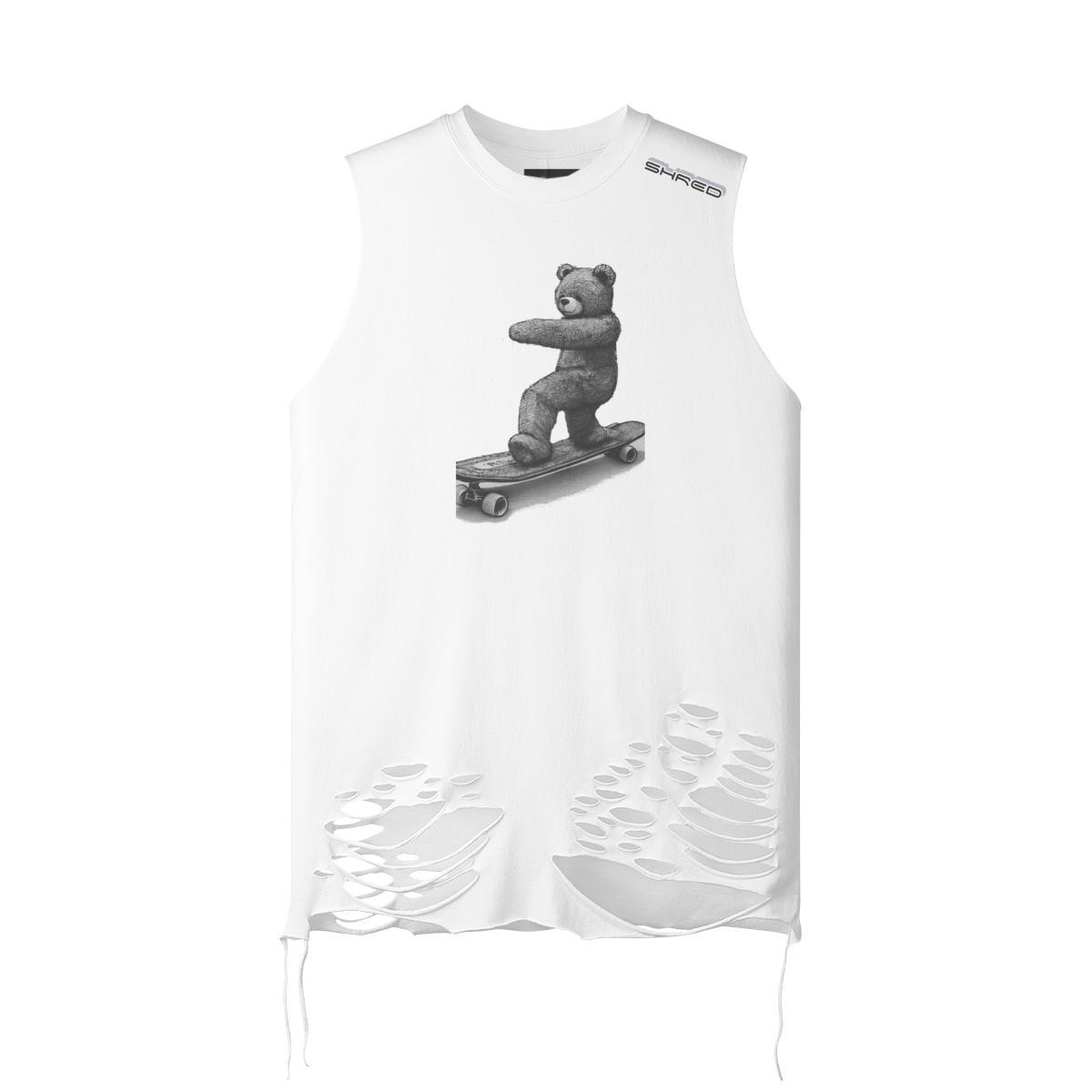White - Teddy Ride Shred 180GSM Unisex Ripped Longline Tank Top - unisex tank top at TFC&H Co.