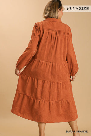 BURNT ORANGE - Textured Long Sleeve Collar Split Neck Tiered Maxi Dress Voluptuous (+) Plus Size - Ships from The US - womens dress at TFC&H Co.