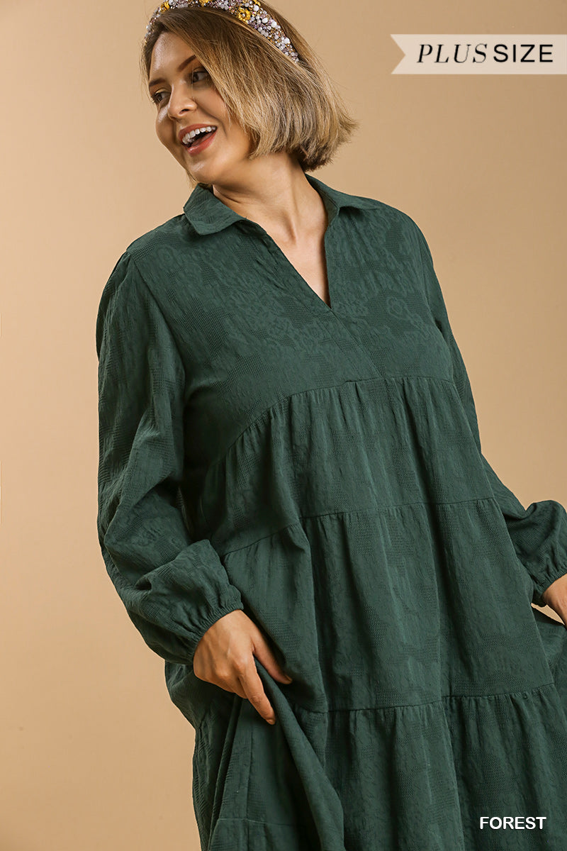 FOREST - Textured Long Sleeve Collar Split Neck Tiered Maxi Dress Voluptuous (+) Plus Size - Ships from The US - womens dress at TFC&H Co.