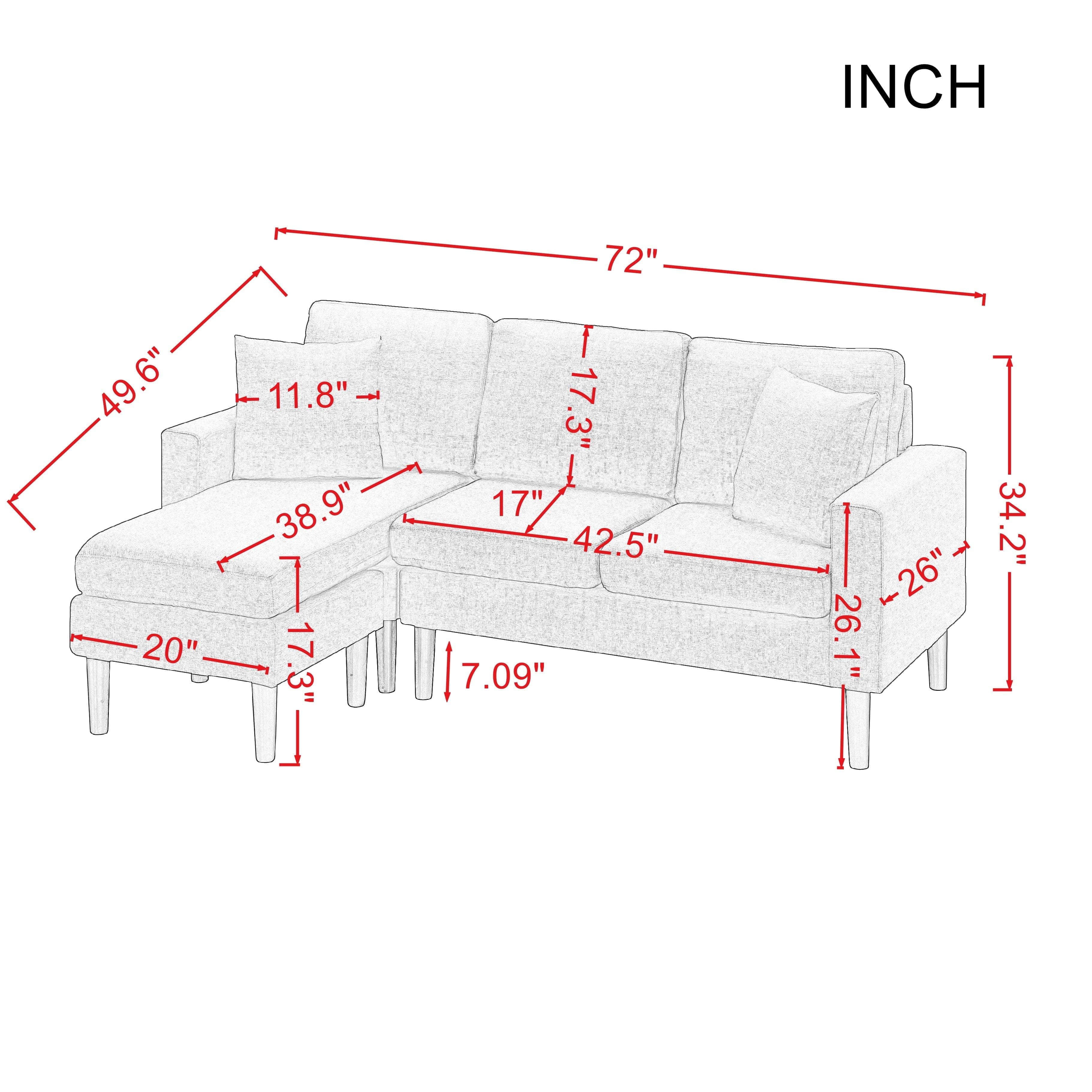 - TFC&H Co. 72" Sectional Sofa Left Hand Facing w/ 2 Fabric Pillows- Ships from The US - sectional at TFC&H Co.