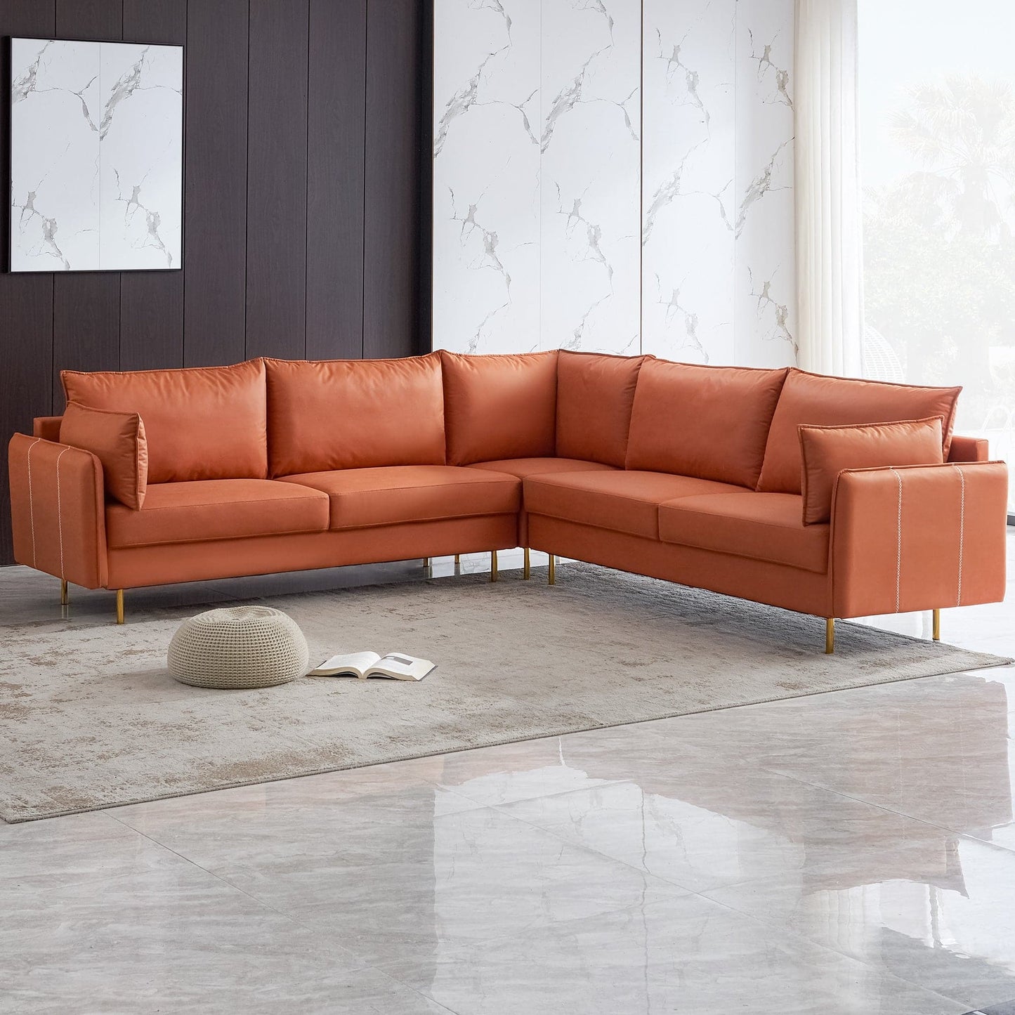 TFC&H Co. L-shaped Corner Sectional Technical leather Sofa - Orange- Ships from The US - sectional at TFC&H Co.