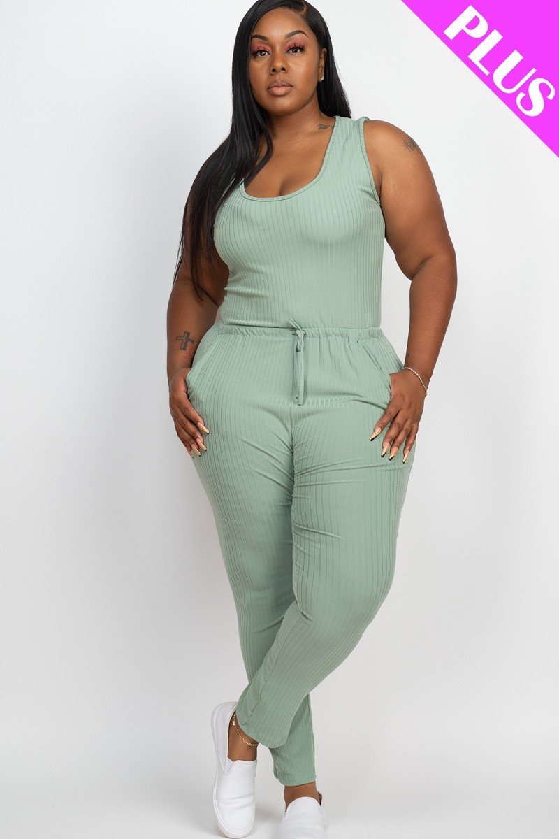 GREEN BAY - Thick Madam Ribbed Sleeveless Drawstring Jumpsuit Voluptuous (+) Size - 9 colors - Ships from The US - womens jumspuit at TFC&H Co.