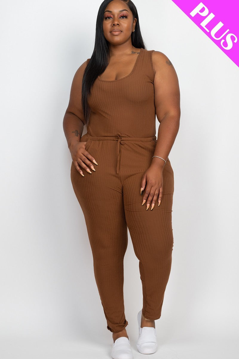 DOWNTOWN BROWN - Thick Madam Ribbed Sleeveless Drawstring Jumpsuit Voluptuous (+) Size - 9 colors - Ships from The US - womens jumspuit at TFC&H Co.