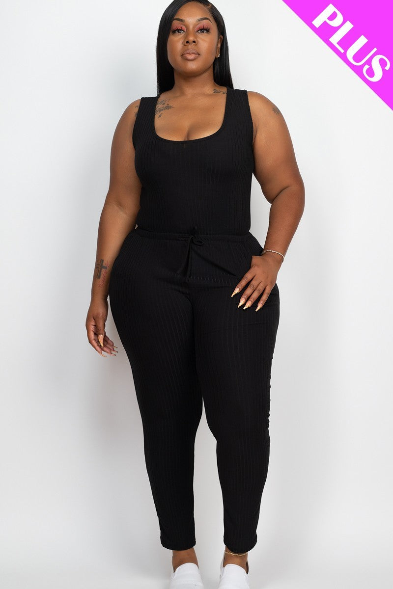 BLACK - Thick Madam Ribbed Sleeveless Drawstring Jumpsuit Voluptuous (+) Size - 9 colors - Ships from The US - womens jumspuit at TFC&H Co.