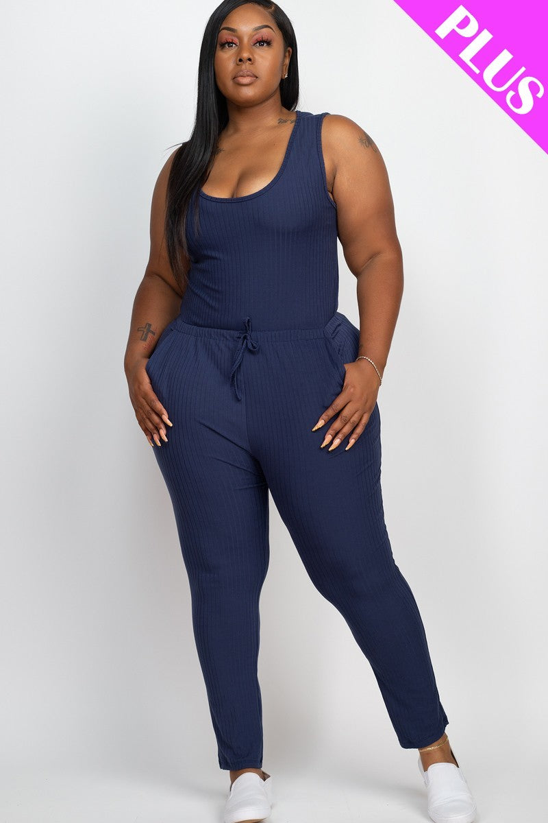 NAVY - Thick Madam Ribbed Sleeveless Drawstring Jumpsuit Voluptuous (+) Size - 9 colors - Ships from The US - womens jumspuit at TFC&H Co.