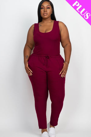 BURGUNDY - Thick Madam Ribbed Sleeveless Drawstring Jumpsuit Voluptuous (+) Size - 9 colors - Ships from The US - womens jumspuit at TFC&H Co.