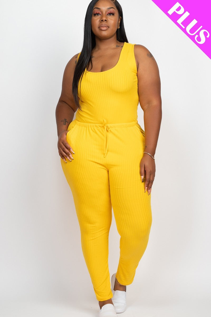 DAYLILY YELLOW - Thick Madam Ribbed Sleeveless Drawstring Jumpsuit Voluptuous (+) Size - 9 colors - Ships from The US - womens jumspuit at TFC&H Co.
