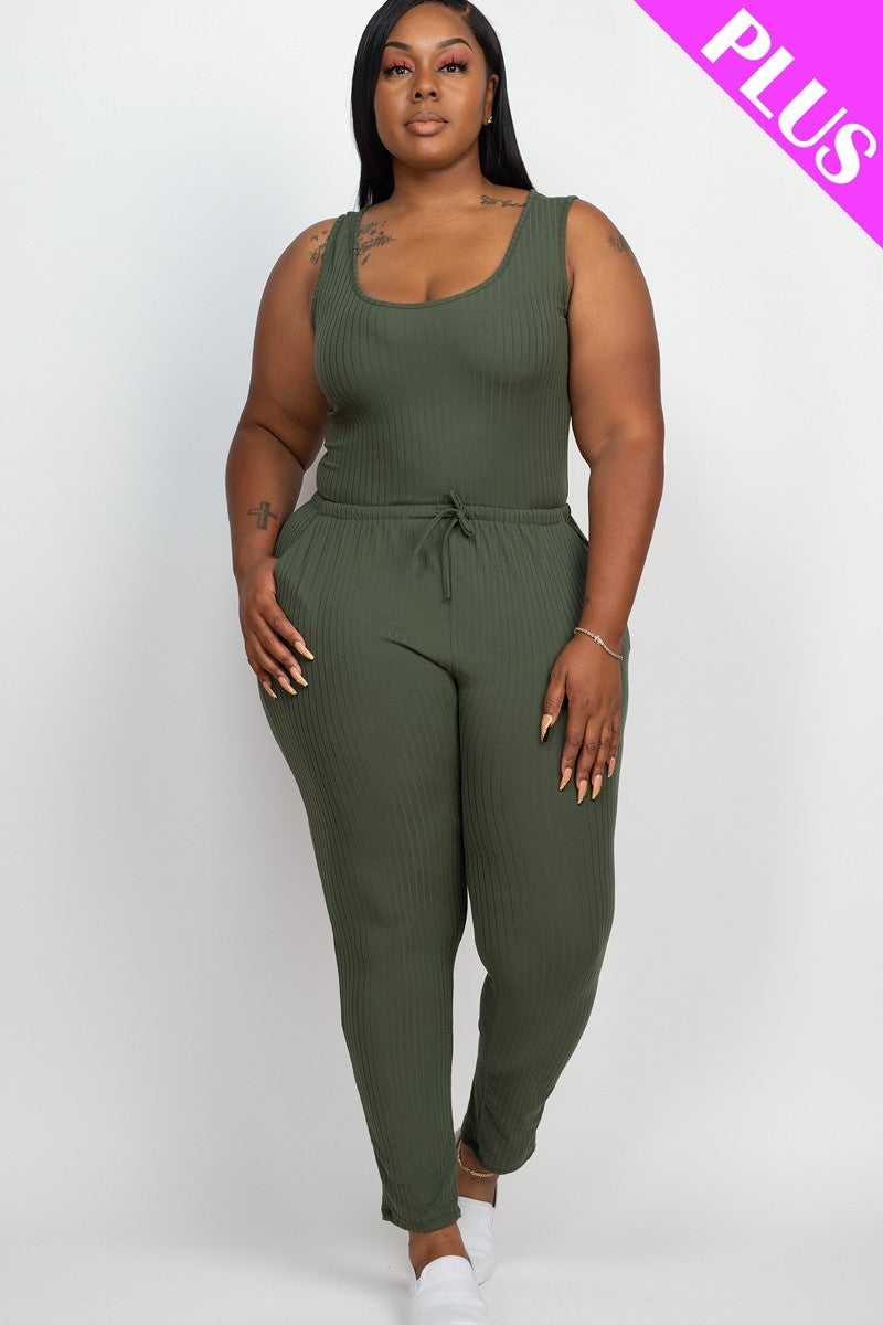 OLIVE - Thick Madam Ribbed Sleeveless Drawstring Jumpsuit Voluptuous (+) Size - 9 colors - Ships from The US - womens jumspuit at TFC&H Co.