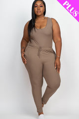 TAUPE - Thick Madam Ribbed Sleeveless Drawstring Jumpsuit Voluptuous (+) Size - 9 colors - Ships from The US - womens jumspuit at TFC&H Co.