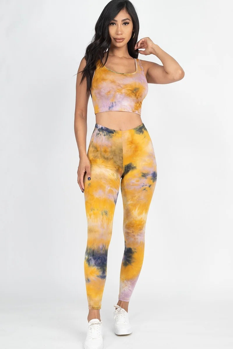 MUSTARD OLIVE - Tie Dye Crop Top And Leggings Yoga Gym Set - Ships from The US - womens yoga set at TFC&H Co.