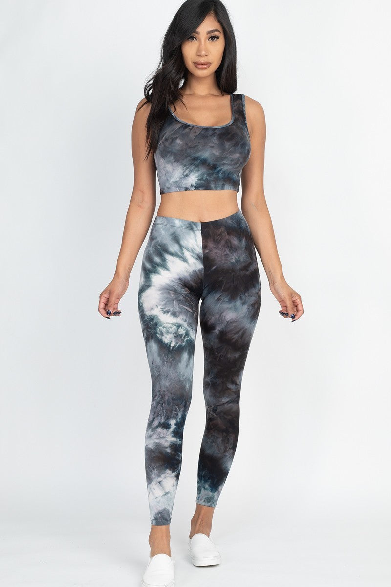 BLACK GREY - Tie Dye Crop Top And Leggings Yoga Gym Set - Ships from The US - womens yoga set at TFC&H Co.