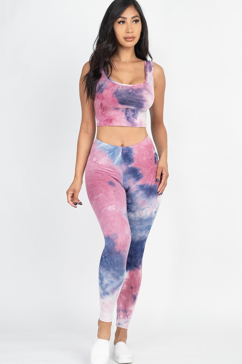 PINK BLUE - Tie Dye Crop Top And Leggings Yoga Gym Set - Ships from The US - womens yoga set at TFC&H Co.