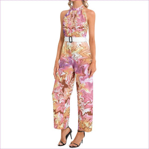 3XL - Tie-Dye Halter Neck Buckle Belted Jumpsuit - womens jumpsuit at TFC&H Co.