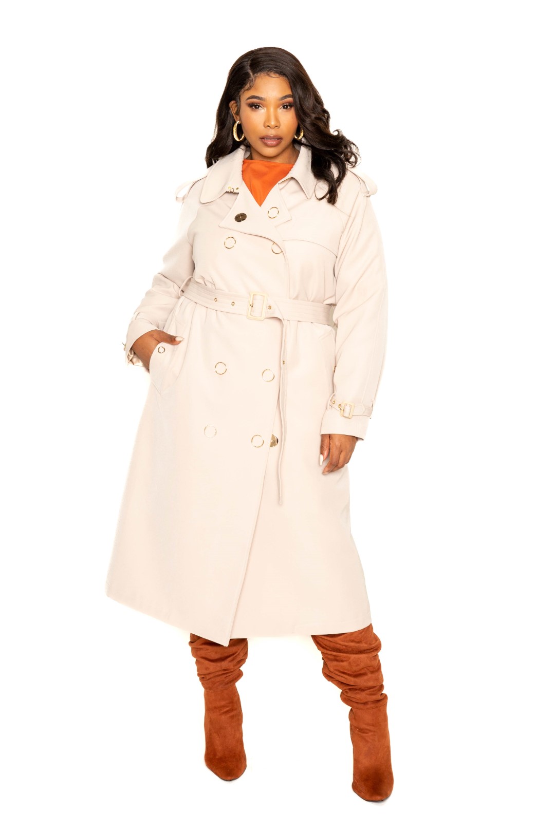 3XL - Trench Coat With Golden Button Voluptuous (+) Size - Ships from The US - womens coat at TFC&H Co.