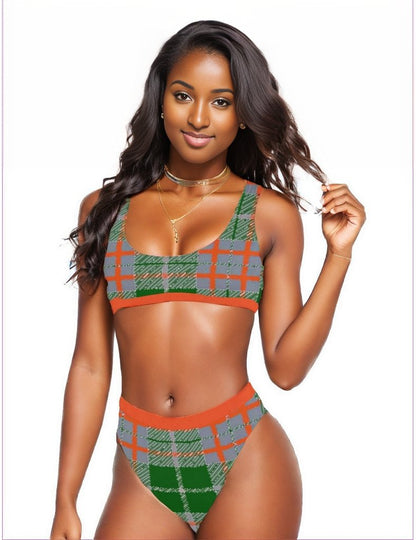 Tribute to Plaid - Green Sport Top & High-Waisted Bikini Swimsuit (Model S07) Tribute to Plaid Sport Top & High Waist Bikini Set - women's bikini at TFC&H Co.