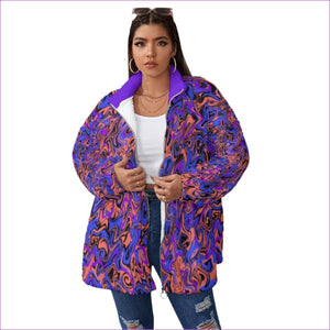 multi-colored - Trip Women's Borg Fleece Stand-up Collar Coat With Zipper Closure(Plus Size) - womens borg coat at TFC&H Co.