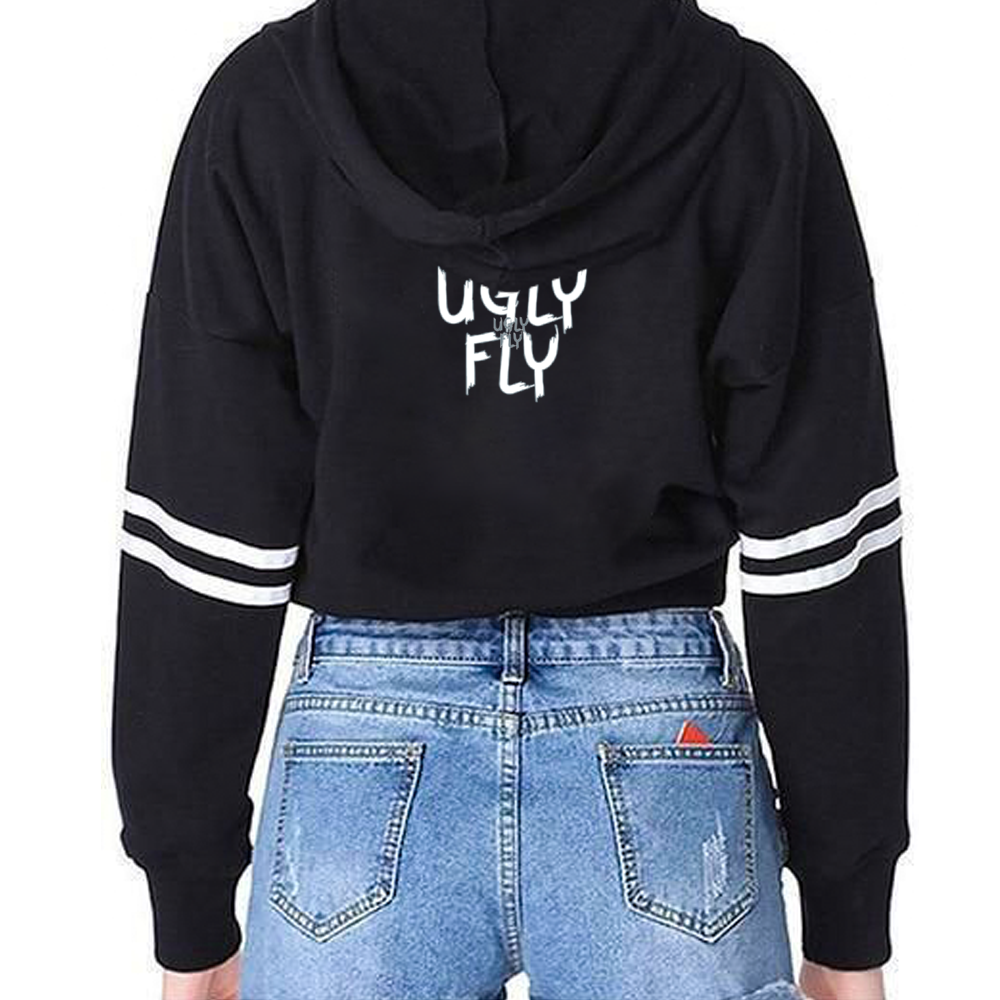 BLACK - Ugly Fly Women's Long Sleeve Cotton Crop Hoodie - womens cropped hoodie at TFC&H Co.