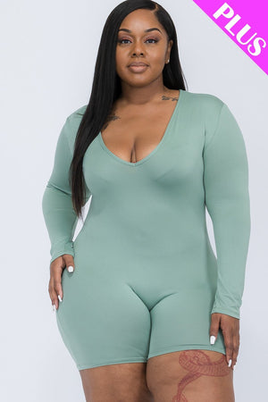 GREEN BAY V-neck Long Sleeve Bodycon Romper Voluptuous (+) Plus SIze - Ships from The US - women's romper at TFC&H Co.